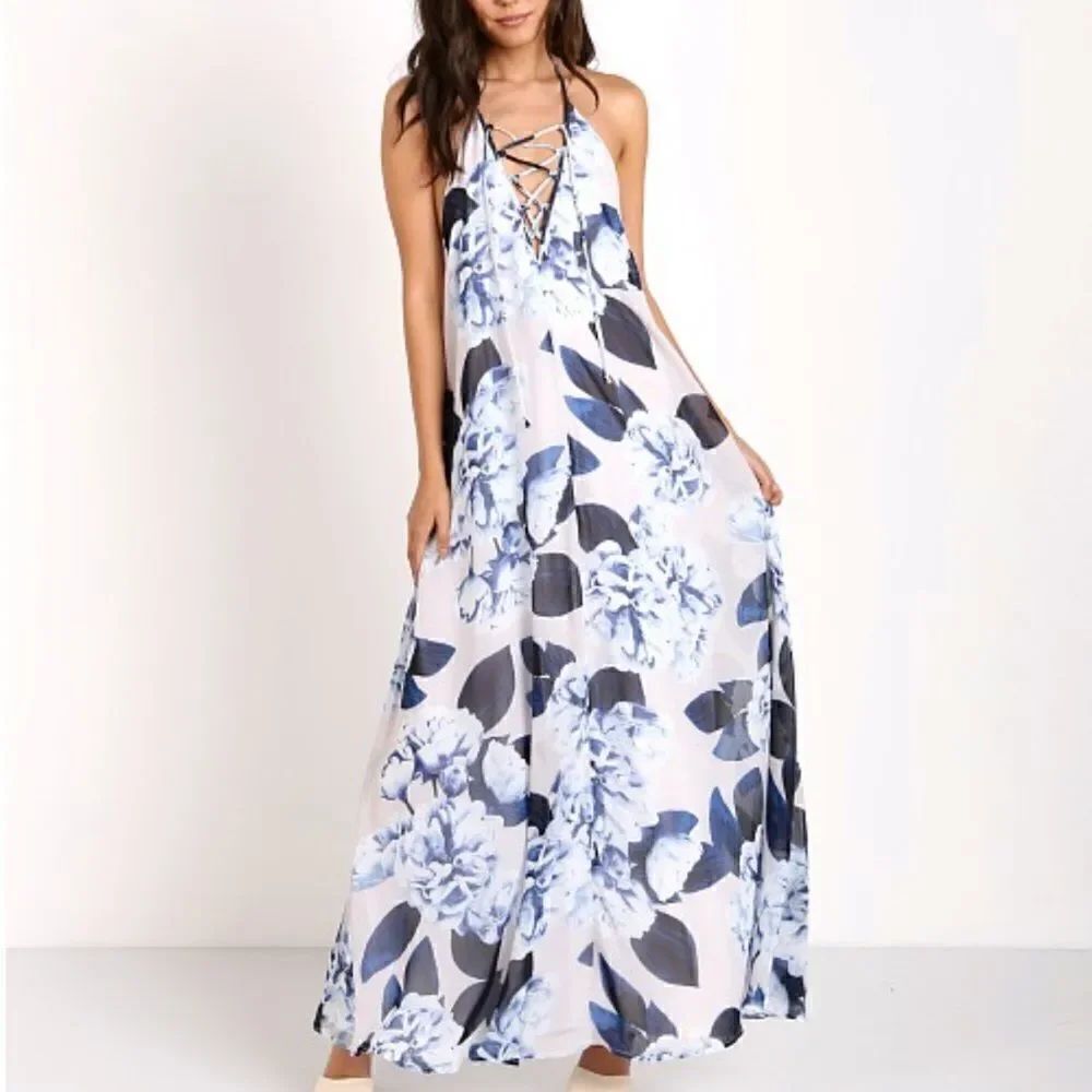 Show Me Your Mumu Logan Lace Up Maxi Bouquet Blue